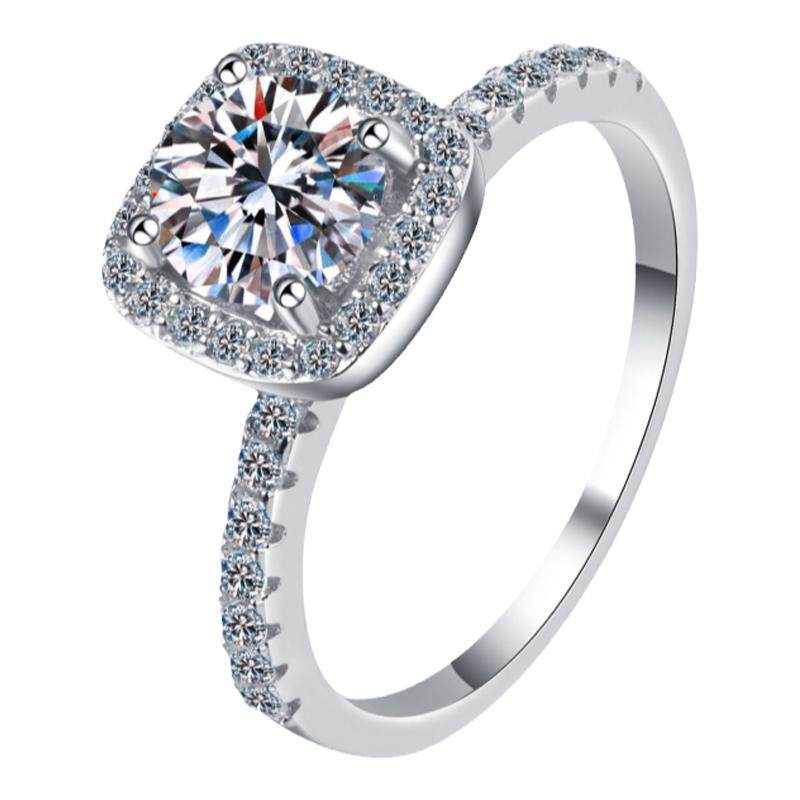 进口D色莫桑石钻戒s925纯银经典四爪公主方包求婚女戒指复古群镶