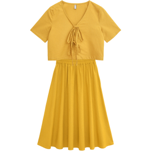 花吉Q209黄色V领蝴蝶结系带短款衬衫女新款2025外穿夏半身裙套装