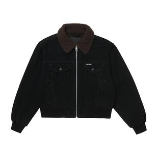 ABLE JEANS女士秋冬短款牛仔棉服翻领加绒仿羊羔绒宽松夹克外套