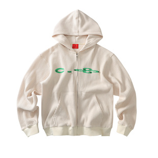 CoosRetro 美式新款钉钻加前后印花华夫格面料宽松百搭卫衣外套男