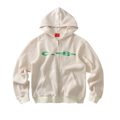 CoosRetro 美式新款钉钻加前后印花华夫格面料宽松百搭卫衣外套男