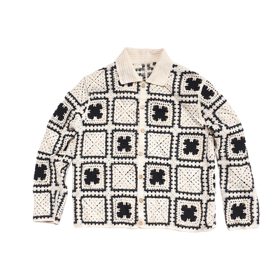 川泽镂空花朵格子长袖开衫针织衫