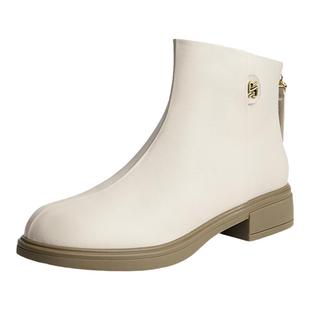 红蜻蜓真皮白色短靴女冬季新款女鞋皮靴复古英伦风皮鞋女时装靴子