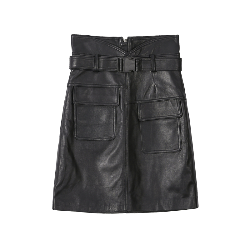 高腰裙女2025秋季新款真皮皮裙绵羊皮中裙黑色A字裙显瘦半身裙子