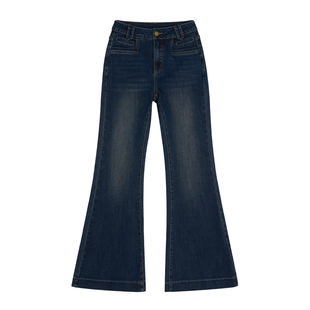 王家有鱼2025秋季新款复古深蓝中高腰不贴腿微喇时尚显瘦牛仔裤女