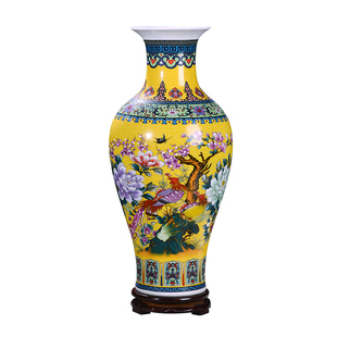 景德镇陶瓷器花瓶珐琅彩仿古中式客厅摆件送底座现代轻奢工艺品