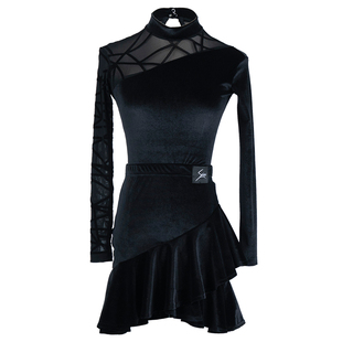 赛域拉丁秋冬新丝绒高领百褶裙套装女少儿童训练习功表演出服9016