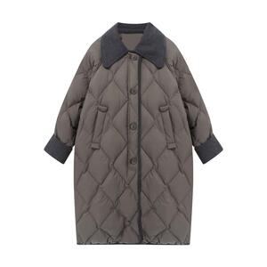 Basic House/百家好灯芯绒翻领菱格羽绒服冬季白鸭绒中长款外套女