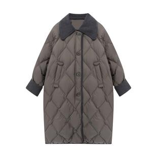 Basic House/百家好灯芯绒翻领菱格羽绒服冬季白鸭绒中长款外套女