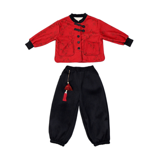 拜年服男童红色喜庆加绒汉服古风新中式儿童套装女童元旦演出服冬