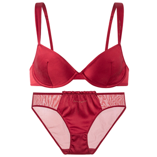 弗利少女红色内衣女法式真丝桑蚕丝小胸软钢圈文胸套装结婚本命年