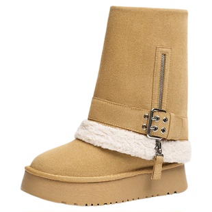 红蜻蜓雪地靴女款冬季新款女鞋套筒加绒保暖中筒靴厚底户外棉鞋女