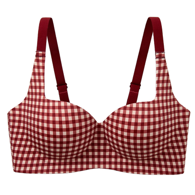 红色本命年内衣套装女小胸聚拢无钢圈结婚新娘性感纯欲格子文胸罩