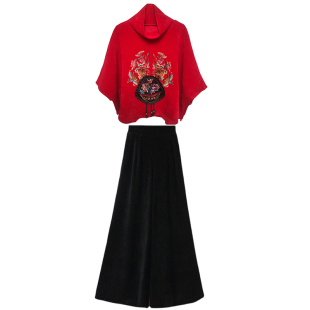 新中式国风披肩阔腿裤两件套装秋季民族风刺绣条绒上衣长裤子女