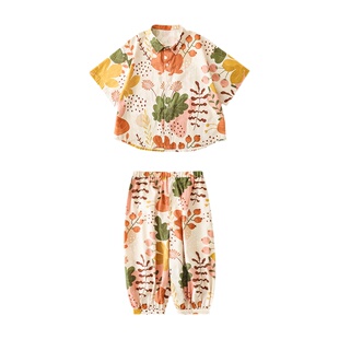 幼悠儿童夏季薄款落叶数码印花休闲短袖衬衫男童九分阔腿裤夏装潮