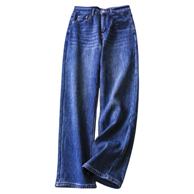 百搭磨白高腰加绒宽松直筒牛仔裤