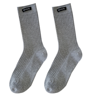 灰色袜子女中筒袜春秋夏季薄款棉袜miu系字母布标白色长筒堆堆袜