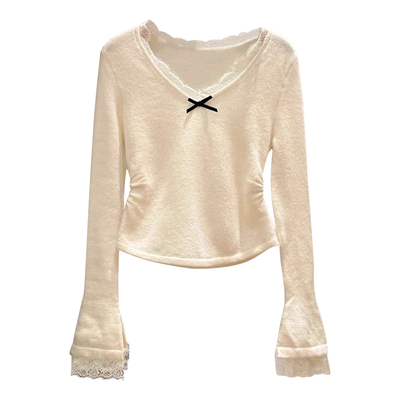 大码蕾丝花边V领针织衫毛衣打底