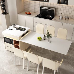 悬浮感岛台餐桌一体吧台家用奶油风岩板岛台带水槽微波炉高端茶台