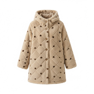 冬季仿兔毛连帽加绒加厚三层保暖棉服防风领长款外套罩衣女YY01