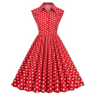 法式复古年代感港风翻领无袖收腰红色波点连衣裙子大摆派对表演出