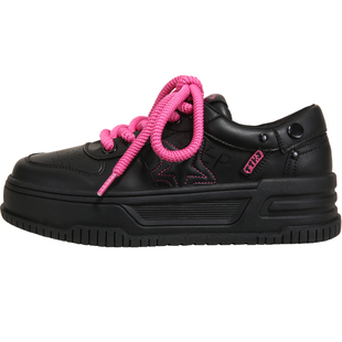 TTKJ黑粉色星星板鞋女2026新款厚底增高皮质轻便学生休闲运动鞋子