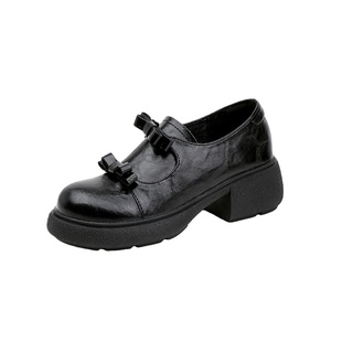 真皮版~蝴蝶结厚底小皮鞋女2025秋冬新款黑色单鞋增高粗跟乐福鞋