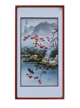 景德镇手绘山水陶瓷瓷板画 中式玄关客厅装饰画 红叶风景竖版挂画
