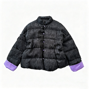 欧洲站2025冬季新款cicicoco猫头鹰新中式袖口撞色复古提花羽绒服