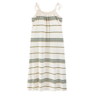 夏季女士条纹吊带清凉睡裙自带胸垫一体无袖中长款云朵棉宽松夏天