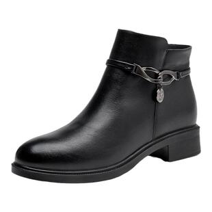 奥康女鞋2025年秋冬季新款舒适保暖妈妈鞋女款短靴百搭黑色皮靴子