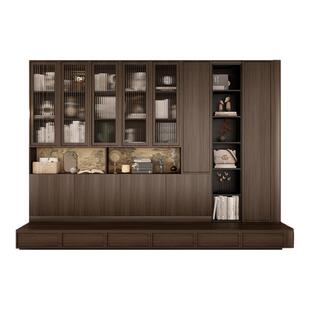 奶油风实木沙发书柜一体客厅整墙带卡座书橱书架欧松板储物展示柜