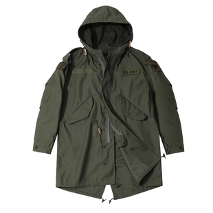 M51鱼尾风衣美式复古秋冬加厚中长款迷彩工装外套时尚连帽派克服