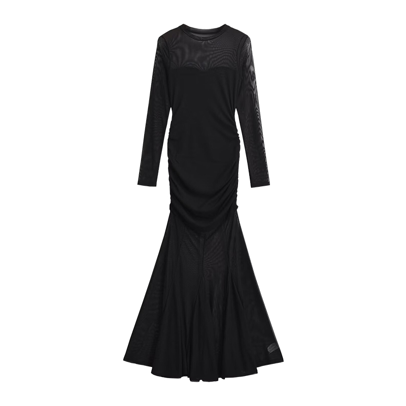 YoungGirlDay步步生莲纯欲风网纱拼接褶皱收腰包臀鱼尾连衣裙长裙