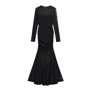 YoungGirlDay步步生莲纯欲风网纱拼接褶皱收腰包臀鱼尾连衣裙长裙