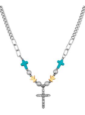 复古绿松石珠子十字架项链