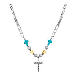 复古绿松石珠子十字架项链男小天使反光珠拼接情侣吊坠锁骨链男款