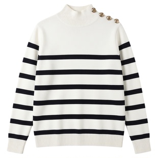 High neck pullover striped knitted sweater women