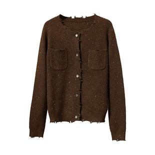 Amii2025秋新款优雅香风珠片毛织开衫女圆领落肩袖手工毛边上衣