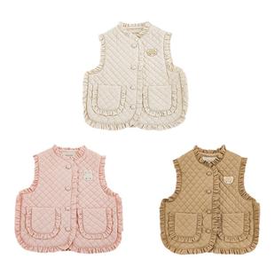 幼悠女童小熊绣花棉马甲冬季元气可爱木耳花边蘑菇包扣保暖背心潮