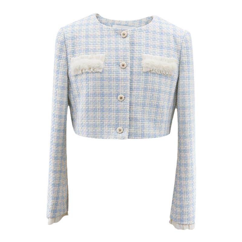 下蛋喵2022早秋新品纯色蓝白色圆领长袖毛绒丝绒纽扣小香风套装