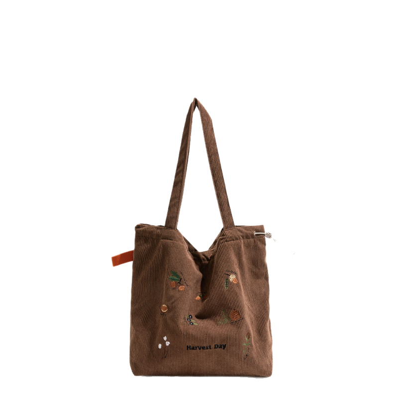 格调studio秋季复古刺绣设计感灯芯绒包包抽绳手提包大容量单肩包