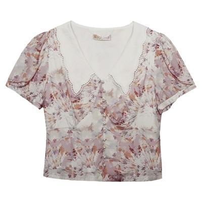 固执浅紫印花短款短袖衬衫上衣女