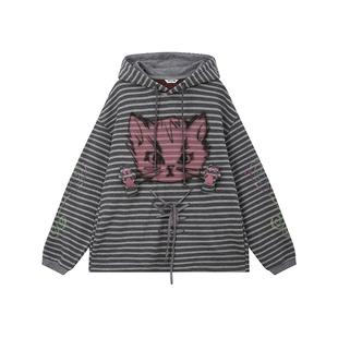 物理少年「喵之低语」怪诞猫爪印花蕾丝花边宽松条纹连帽长袖T恤