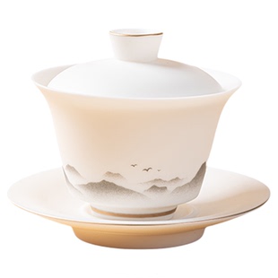 羊脂玉瓷三才盖碗可悬停德化白瓷茶具远山不上釉泡茶器-容量130ml