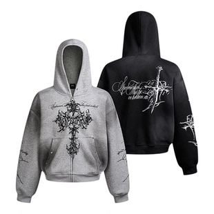 EVC*美式小众设计感亚文化十字架重磅连帽短宽扎染卫衣外套潮情侣