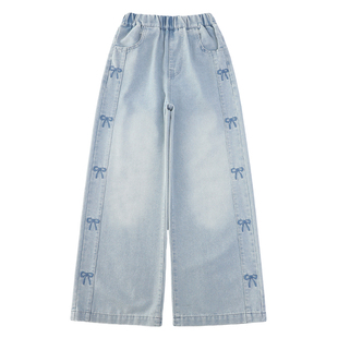 女童裤子春夏薄款2026新款春装大童酷飒刺绣蝴蝶结儿童直筒牛仔裤