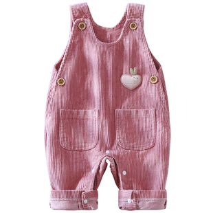 婴儿灯芯绒粉色背带裤冬装女孩秋冬新款外出可爱衣服宝宝条绒裤子