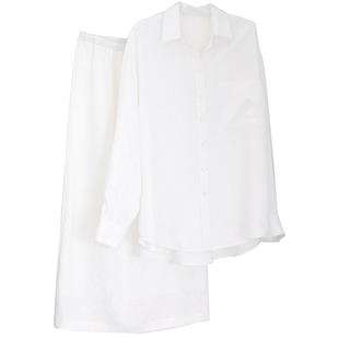 夏莫卡100%亚麻衬衫半裙套装夏季老钱风白色衬衫松弛感开叉半身裙