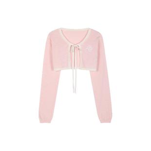 ALazyPig系带短款针织开衫女夏季新款粉色甜美长袖全棉舒适短上衣